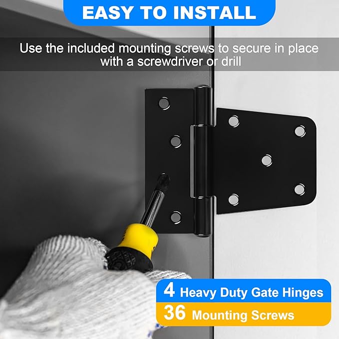 Heavy Duty Gate Hinges 3.5 inch 6 Pack Extra Thick Industrial T Barn Door Hinges Shed Door Hinges for Large Wooden Gates Wood Fence Outdoor - Black Iron Finish (Screws Included)