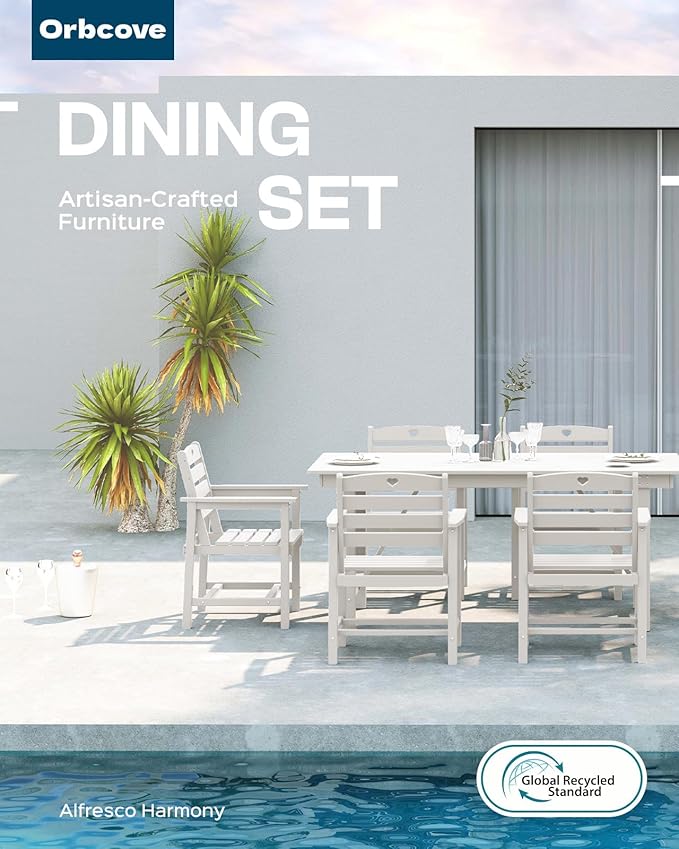 Patio Table and Chairs Set with Umbrella Hole, HDPE Patio Dining Set for 6, Outdoor Dining Set for Lawn, Patio, Porch, Deck, Poolside, Yard (White, 7-Piece)