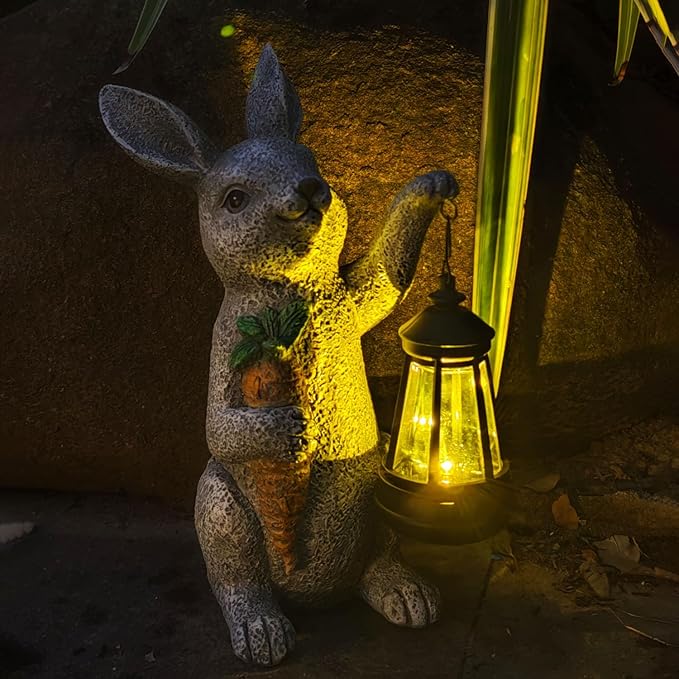 Garden Statues Rabbit Solar Lantern Outdoor Handmade Resin Statue Bunny with Cute Carrot for Patio, Yard,Mother's Day Gift Ideas (rabbit1)