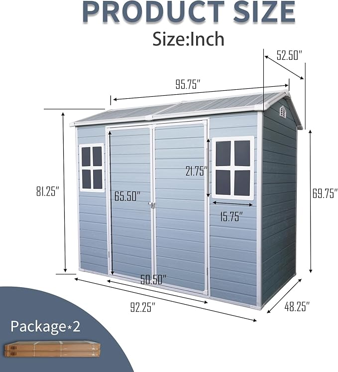 LANTRO JS Plastic Storage Shed with Floor, Resin Shed with Floor, 8x4FT Outdoor Shed with 2 Windows and Lockable Door Sheds for Garden Tools, Bike