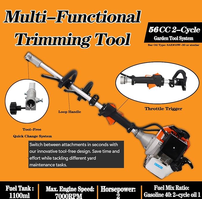 56cc 2-Cycle Gas Multi-Trimmer | 8-in-1 String Trimmer w/Rotatable 40” Pole Saw, Weed Eater Weed Wacker, Brush Cutter & Hedge Trimmer Gas for Lawn, Yard, Garden Care, All-in-one Garden Tool