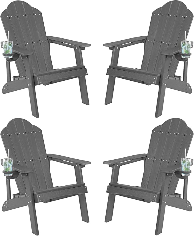 LUE BONA HDPE Adirondack Chairs Set of 2,Plastic Adirondack Chairs with Cup Holder Weather Resistant for Outdoor, Patio, Lawn, Garden, Backyard Deck, Fire Pit, Dark Gray