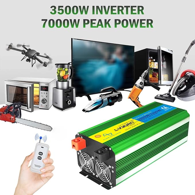 LVYUAN 3500W Pure Sine Wave Inverter DC 12V to AC 110V/120V Car Inverter with 4 AC Outlets USB Port for Camping/Truck/RV/Solar System/Travel Camping