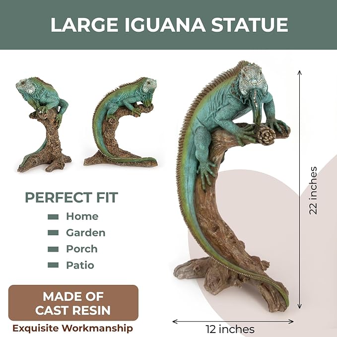 Large Iguana Garden Statue – 22” Realistic Lizard Sculpture for Indoor or Outdoor Use | Tropical Reptile Decor for Patio, Lawn, Poolside, or Home Display – Cast Polyresin Full Color