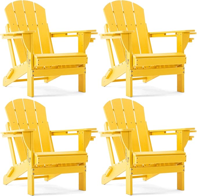 Folding Adirondack Chair, HDPE Outdoor Texture Lawn Chair with Reclining Back, Cup and Phone Holder - Comfortable Firepit Chair Weather Resistant for Patio or Backyard (Yellow, Set of 4)