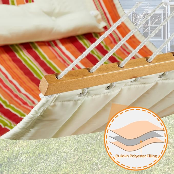 12 FT Double Quilted Fabric Hammock with Spreader Bars and Pillow 450 LBS Weight Capacity 2 Person Hammock for Outdoor Patio Backyard Poolside