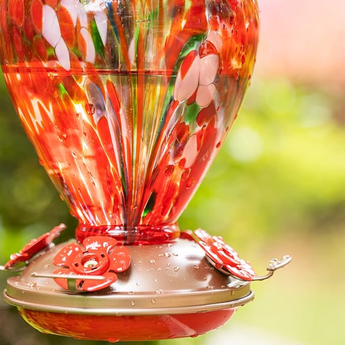 2 Packs Hummingbird Feeder for Outdoors Hanging, 34OZ & 32OZ Hand Blown Glass Hummingbird Feeders for Outside, Red & Teal