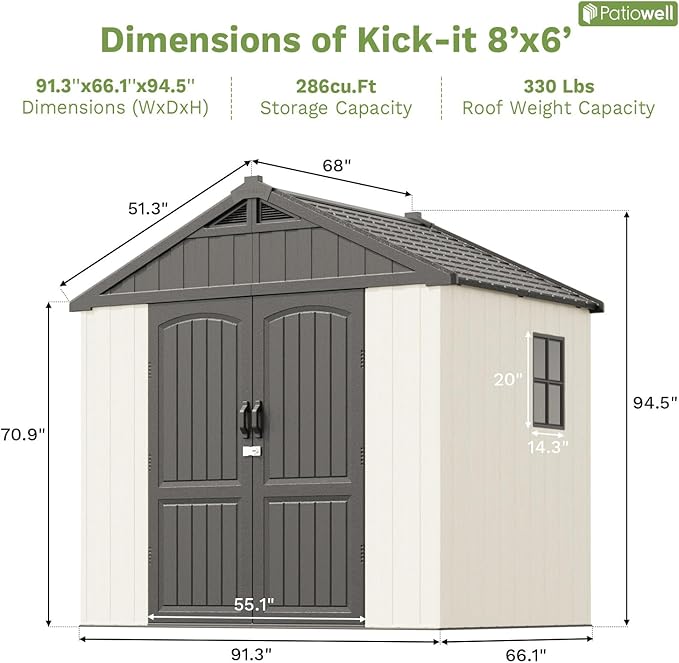 Patiowell 8 x 6 FT Resin Outdoor Storage Shed with Floor, Large Shed with Light and Lockable Door for Garden, Backyard, Tool Storage Use, Easy to Install in Beige (Kick-it Shed)