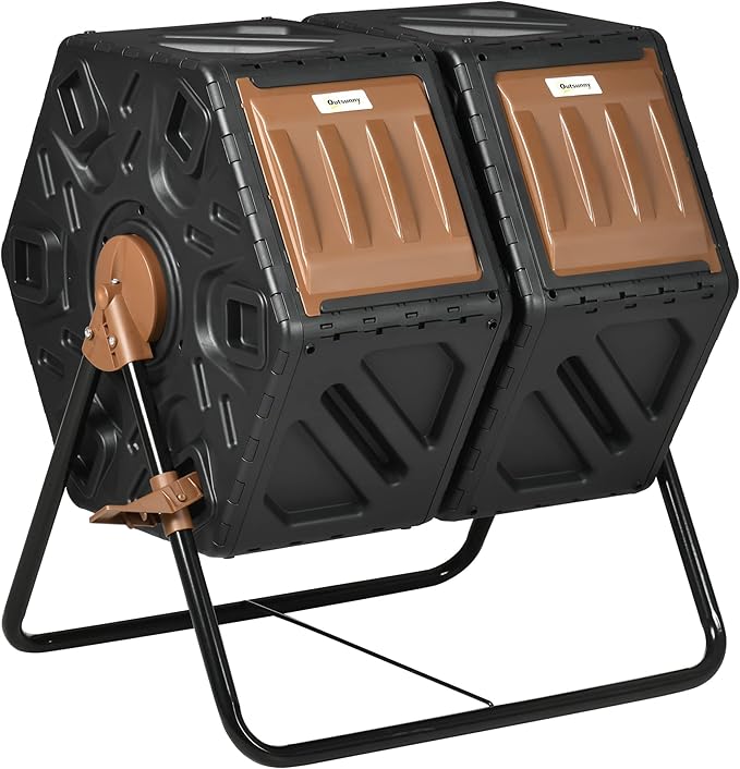 Compost Bin Outdoor, 43 Gallon Dual Chamber Tumbling Composting with Sliding Doors, Large Compost Tumbler, Compost Bin for Garden, Kitchen, and Yard Waste, Black+Brown