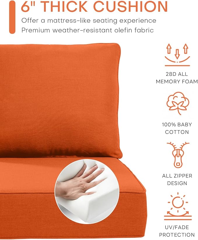 Luxury 24x24x6 Inch Patio Chair Cushions Set of 3 - Memory Foam Deep Seat Water-Resistant Patio Cushion for Lawn Dining Rocking Swivel Chairs Loveseat 3-Seater Sectional Sofa - Orange