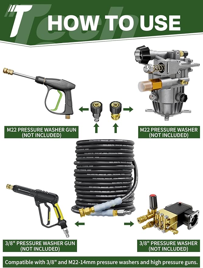 3/8" 4800PSI Pressure Washer Hose 200FT with Swivel Quick Connect for Cold/Hot Water Max 248°F, Kink Resistant Steel Wire Braided, Wear Resistant Power Washer Hose with M22 14mm Adapter