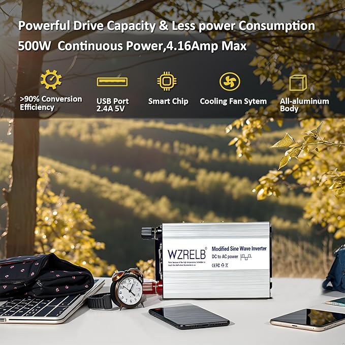 WZRELB 500W Power Inverter 24V DC to 110V 120V AC,Modified Sine Wave Car Inverter for Vehicles with LED Display,5V/2.4A USB Port,Soft Starter,Off-Grid Power Converter with High Efficiency up to 90%