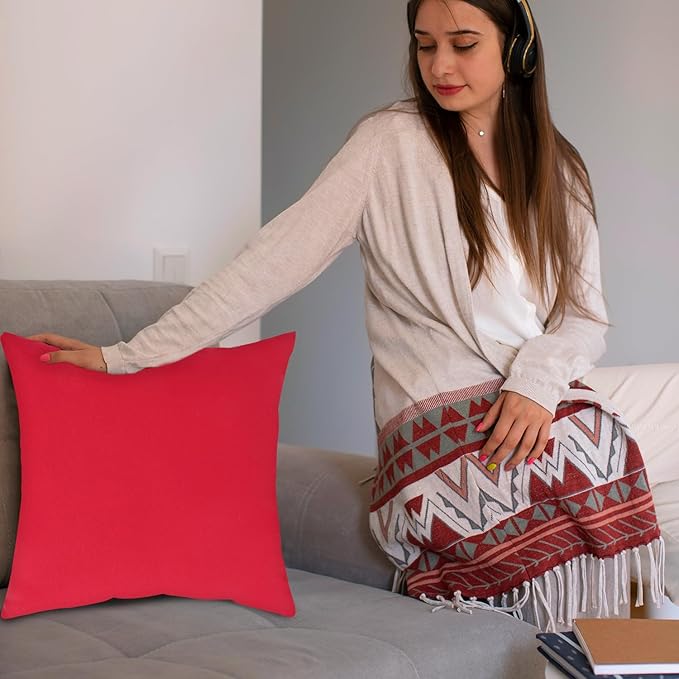 Covers & All Premium Square Throw Pillow Inserts with Covers Set of 4, 14 x 14 Inches Red, Decorative Cushions for Couch Sofa Home Decor Office Travel UV Resistant Waterproof Soft Cushions Pillows
