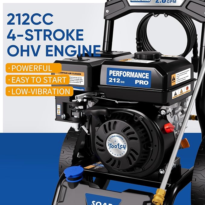 TOOLCY Gas Pressure Washer 3400 PSI & 2.8 GPM Max, High-Powered 212cc Engine, Enhanced Pump, 30FT Pressure Hose, Onboard Soap Tank, Spray Gun & 5 Nozzle Tips, Great for Cars/Driveways/Homes/Patios