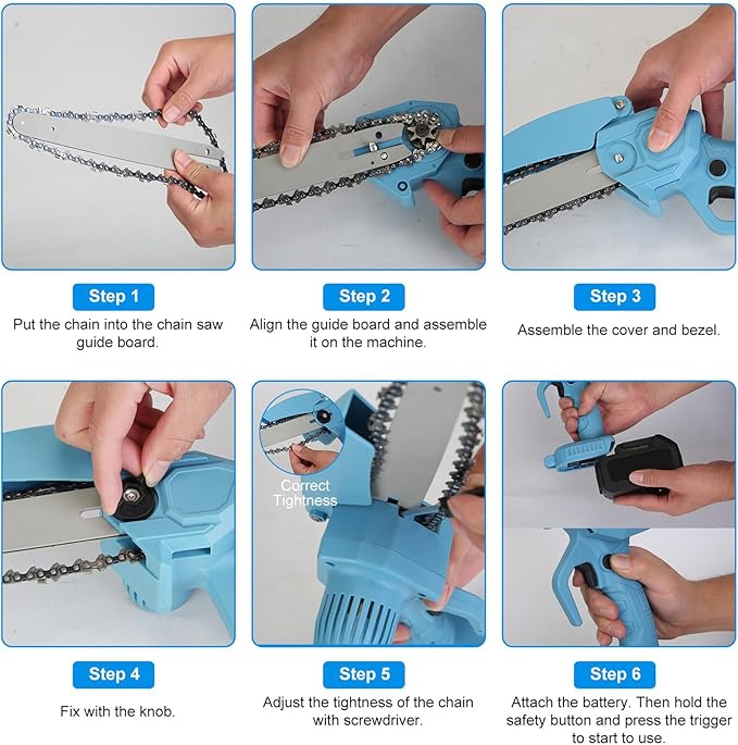Mini Chainsaw Cordless 8 Inch, Battery Powered Electric Chainsaw with Security Lock, Small Handheld Chain Saw for Tree Branches, Cordless Hand Saw for Wood Cutting, Blue