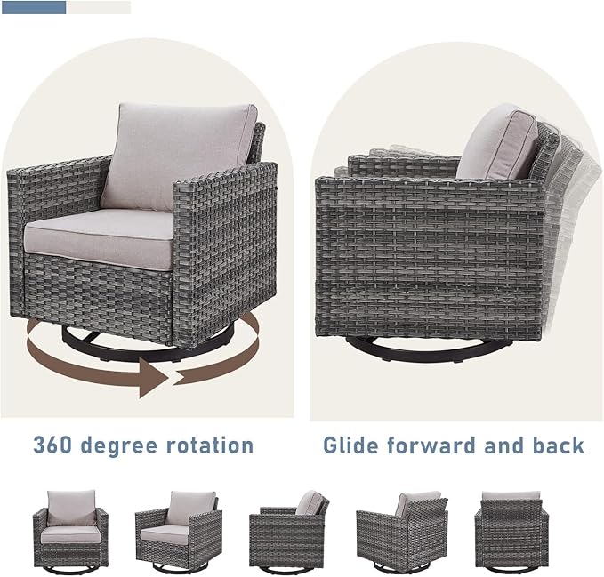 Wicker Patio Furniture Set, 6 PCS Outdoor Patio Furniture Set with Swivel Chairs, Includes 2 Swivel Patio Chairs, 1 Outdoor Couch, 1Side Table and 2 Ottoman, Grey/Beige
