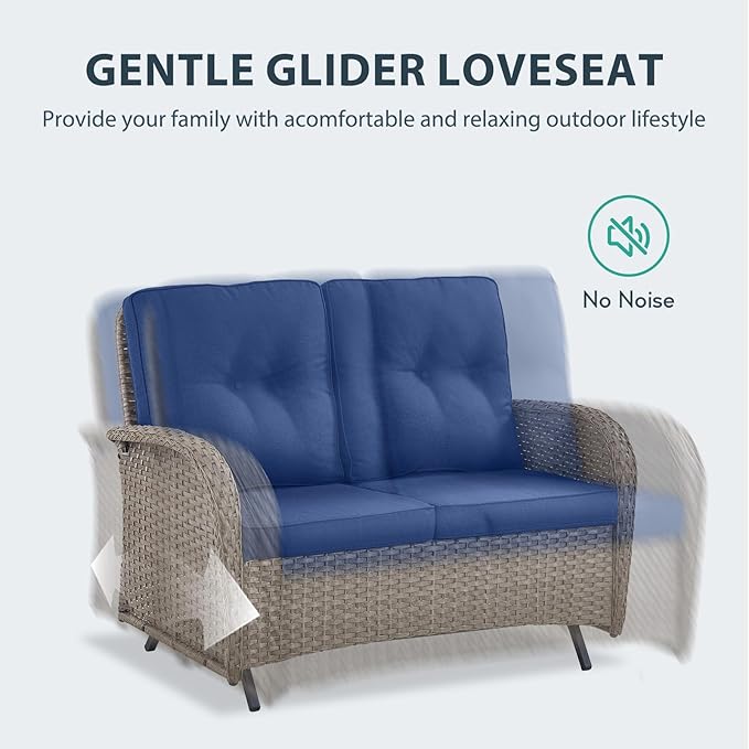 7 Piece Patio Furniture Set - Wicker Patio Conversation Set with Swivel Glider, Glider Loveseat, Tempered Glass Side Table and 2 Ottomans for Deck Backyard - Grey Wicker Blue Cushion