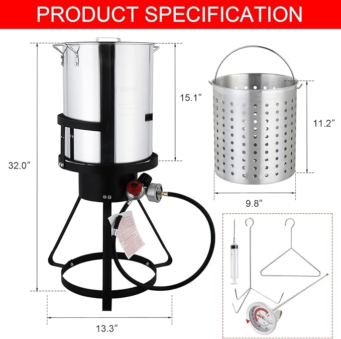 Turkey Deep Fryer 30 Qt, Mordern Outdoor Fryer, Aluminum Crawfish Boiler with Basket and Lid, 55000-Btu Propane Stove, Adjustable Firepower, Portable Seafood Boil Pot for Crab, Lobster, Shrimp, Silver