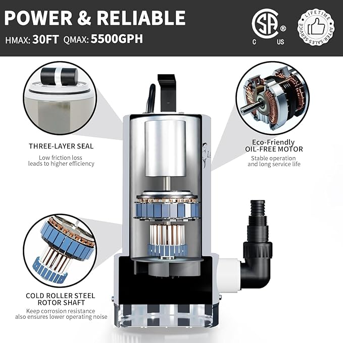 LANCHEZ 1.6HP 5500GPH Stainless Steel Sump Pump, High Flow Submersible Water Pump with Float Switch, Automatic Transfer Water Pump for Pool Basement Flooded Pit Sewage Sink Tub