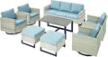 Wicker Outdoor Patio Furniture Set - 8 Piece Patio Conversation Set with 4 Swivel Rocker Chairs,2 Rattan Ottoman,1 Couch and 1 Metal Coffee Table for Outside Porch Deck Backyard(Light Grey/Sky Blue)