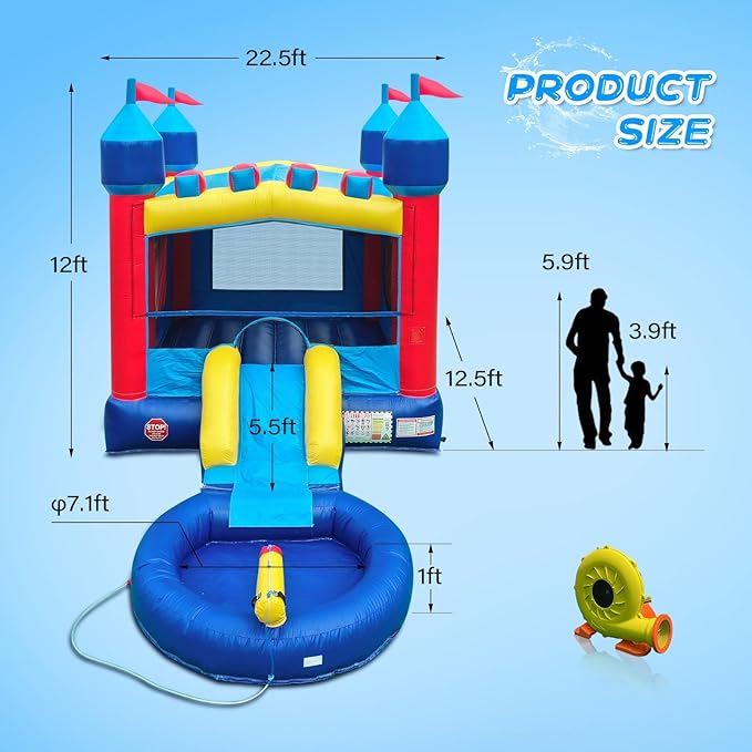 JOYMOR Commercial Inflatable Bounce House with Slide for Adults and Kids, Support 500lbs Capacity, 100% PVC Vinyl Bounce House for Big Kids Outdoor- Includes Blower, Repairing Kit and Storage Bag