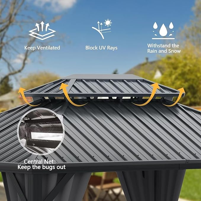 Domi 12’ X 14’ Hardtop Gazebo Canopy with Netting & Curtains, Outdoor Metal Gazebo with Galvanized Steel Double Roof for Patio Lawn and Garden, Gray