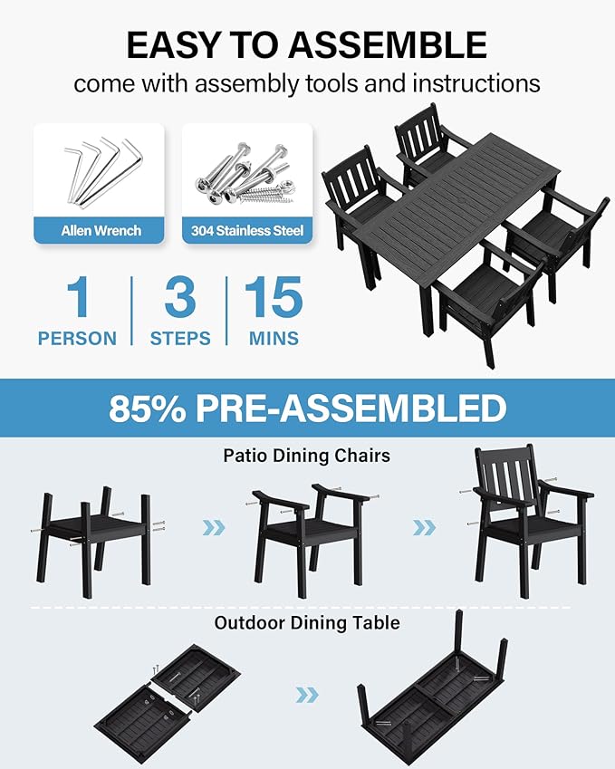 YEFU Patio Dining Chairs Set of 4: All Weather Outdoor Dining Chairs with Wide Curved Seat and Backrest - Outdoor Furniture Plastic for Outside Backyard/Garden/Porch/Deck 350lbs Capacity Black