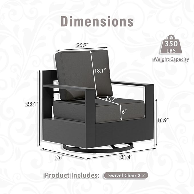 Aluminum Patio Swivel Chair - Outdoor 360°Swivel Chair with 6" Thick Water-insistant Cushions, All-Weather Use Frame, Removable Cover, Ideal for Garden, Poolside (Grey)