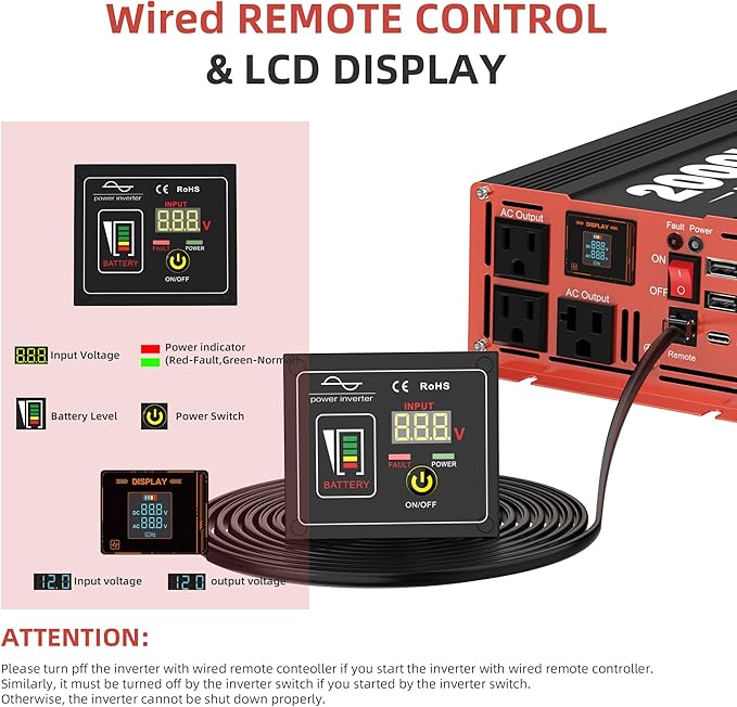 3000W Pure Sine Wave Inverter, Car Power Inverter 12V to 120V AC Converter for RV, Truck, Solar, Outdoor with Dual AC and 20A Socket, 18W+30W USB, PD60W, Surge 6000W, Remote Control(3000W-12V)
