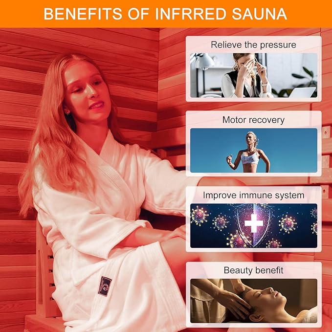 Infrared Wooden Sauna Room with Recliner, 2 Person Infrared Home Sauna, 220V，3400W, 5 Heating Tubes, 4 Carbon Crystal Heating Panel, Bluetooth Speakers, 7 Color Light, Oxygen Bar