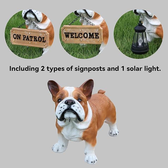 Bulldog Solar Welcome Statue, Hand-Painted Resin Standing Dog Figurine with Lantern and Dual Wooden-Style Signs, Loyal Guardian Sculpture for Garden and Porch Décor