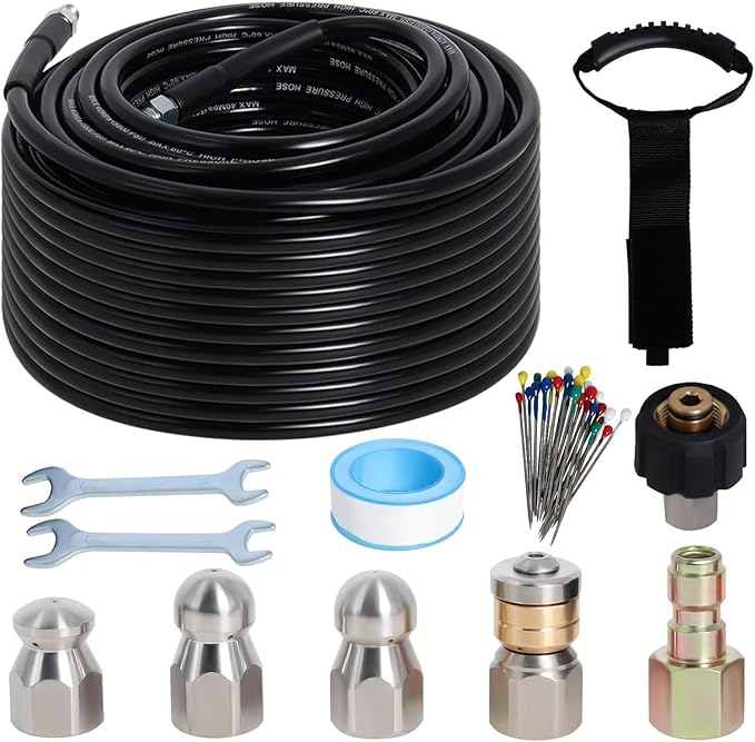 100FT Sewer Jetter Kit for Pressure Washer, 5800PSI Water Jet Durable Drain Cleaner Hose 1/4 Inch NPT Corner with 4 Specialized Nozzles，Waterproof Tape, Pearl Corsage Pin, Handle Strap & 2 Spanners