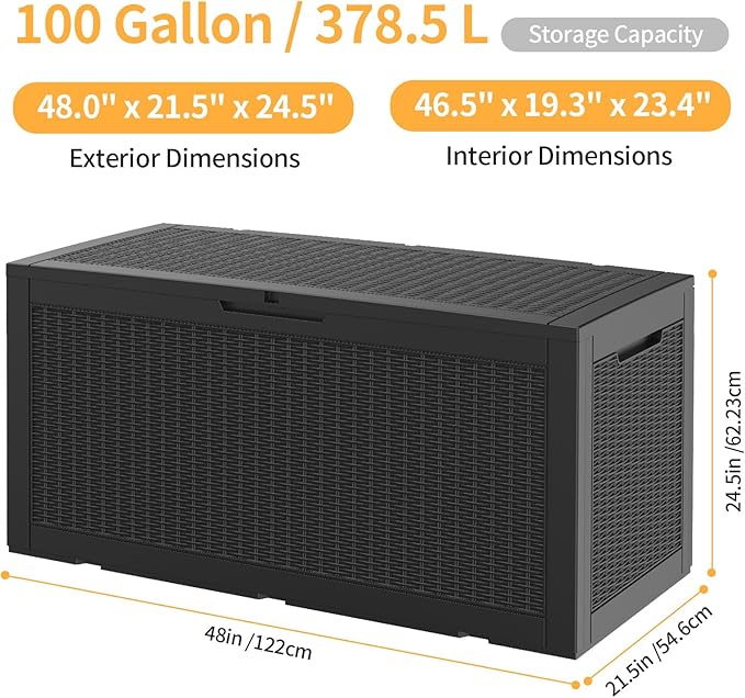 ROJIK Outdoor Storage Housing Deck Box - Waterproof Patio Furniture, Garden Tools, Cushions, Pool Accessories Storage Bench with Lockable Lid and Side Handles (Black 100 Gal)
