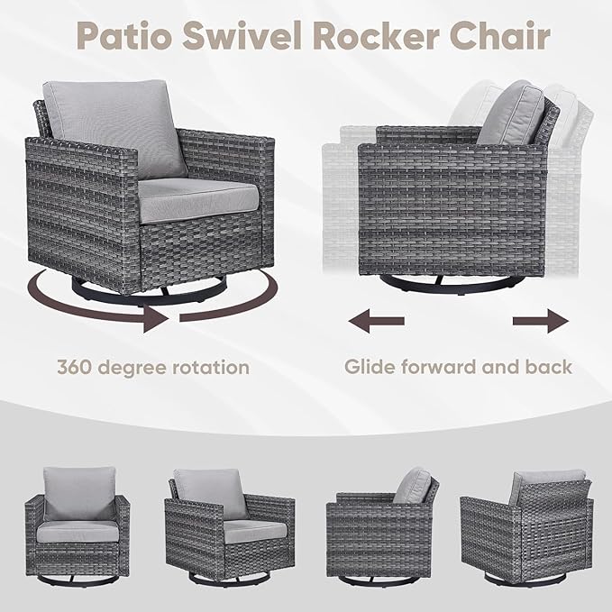Wicker Patio Furniture Set, 6 PCS Outdoor Patio Furniture Set with Swivel Chairs, Includes 2 Swivel Patio Chairs, 1 Outdoor Couch, 1Side Table and 2 Ottoman, Grey/Grey