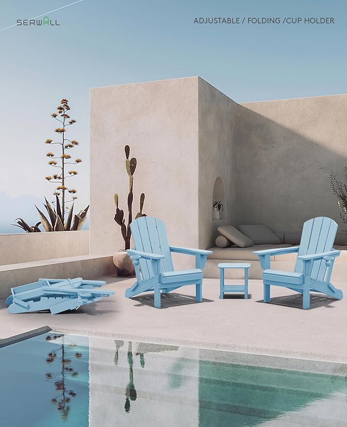SERWALL Folding Adirondack Chair Set of 2, Adjustable Adirondack Chair with 3 Recline Positions, All Weather HDPE Outdoor Adirondack with Cup Holders, Light Blue