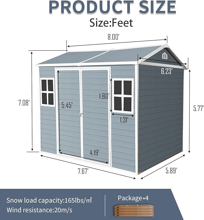 8x6 ft Resin Outdoor Storage Shed with Two-Window and Double-Door, Plastic Shed with Floor for Gargen, Patio, Yard, Lawn, Grey (1 Doors) (Grey, 8x6 ft)