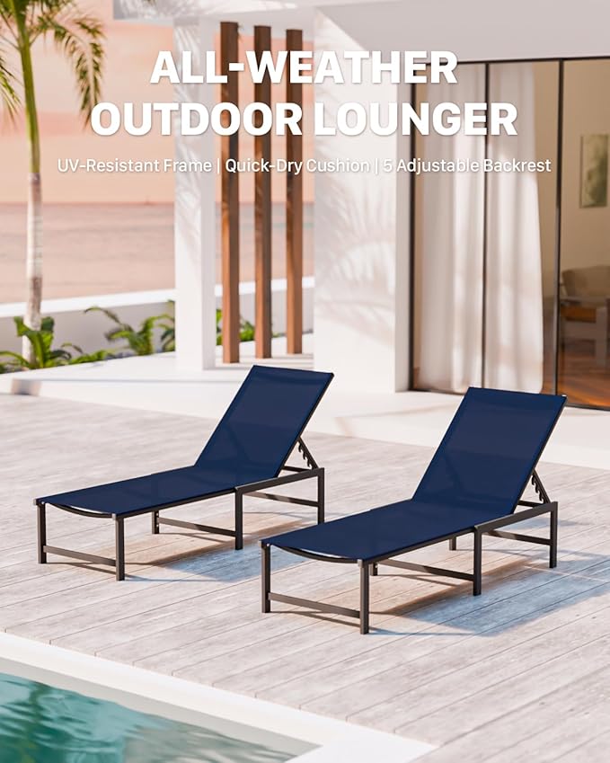 Chaise Lounge Chair Outdoor, Aluminum PatioChairs with 5 Adjustable Backrest and HeadrestPillows for Outside Beach，NavyBlue