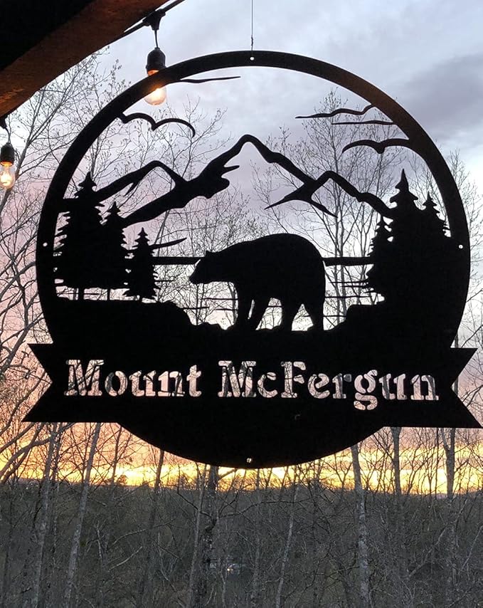 RealSteel Personalized Bear Metal Sign - Custom Outdoor Wall Art with Mountain Scene - Circular Design for Porch, Patio, Lawn & Garden Décor - Rust, 18"