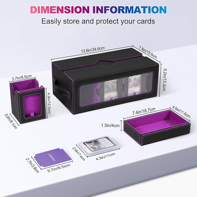 Commander Deck Box for MTG, 6-Deck Modular Card Case with Dice Tray Holds 600+ Double-sleeved Cards, Removable Trading Cards Storage Box with 35PT Magnetic Card Holders for TCG, Black Purple