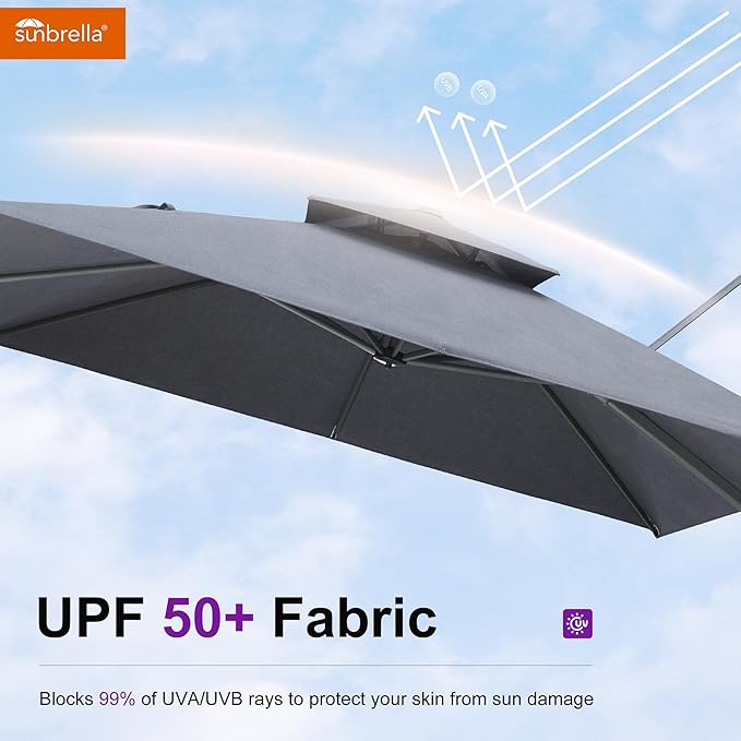 PURPLE LEAF 12FT Sunbrella Cantilever Umbrella Heavy Duty Large Double Top Offset Hanging 360° Rotation Square Umbrella for Garden Patio Deck Pool Backyard Cast Slate