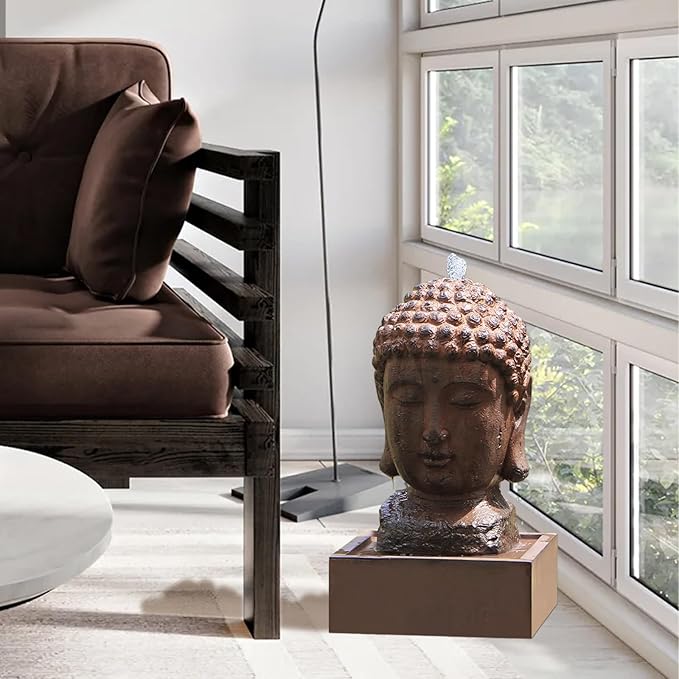 Buddha Water Fountain Outdoor Indoor Zen Statue Decor Large Fiberglass Decorative Fountains in Rock Color 22" Height