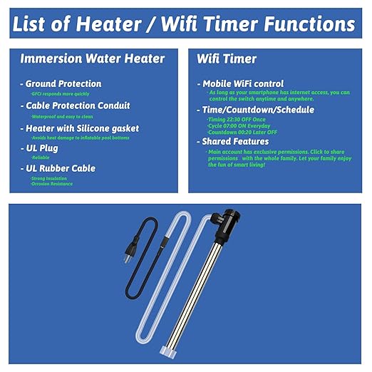 2000W Immersion Water Heater Portable Electric Hot Tub and Pool Submersible Water Heater with WiFi Timer and Auto Shut Off for Spa, Above Ground Pool, Bathtub, Swimming Pool and Baptistry.