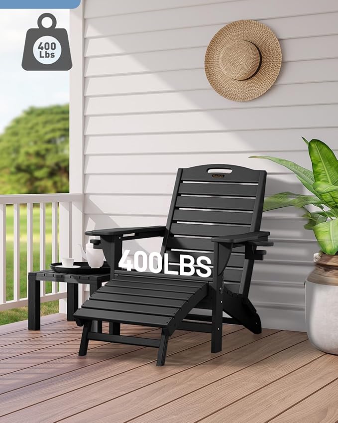 Folding Adirondack Chairs Set of 4,Adirondack Chair with Retractable Ottoman,Plastic Adirondack Chairs with 2 Cup Holder,Weather Resistant Patio Chair,Outdoor Chairs Set of 4(Black)