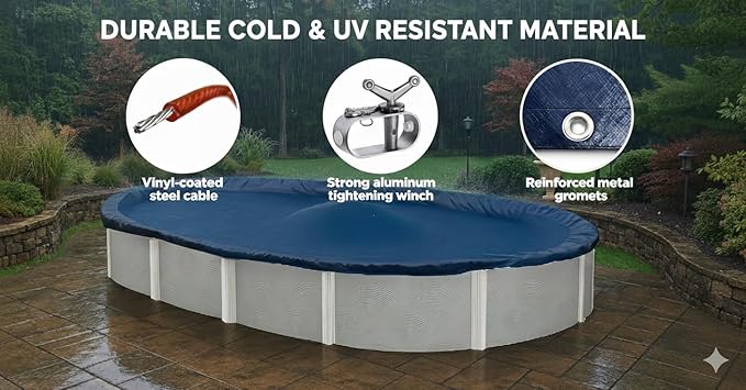Premium Winter Pool Cover for Above Ground Oval Pool, 12' x 18' Ft., Aboveground Pools Winter Cover, Heavy Duty, Includes Winch and Cable, UV Protection, Solid Blue