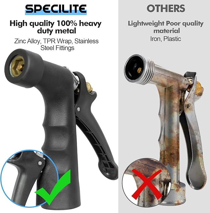 SPECILITE 5/8" Hot/Cold Garden Hose 200 ft with Industrial High Pressure Nozzle, Flexible & Lightweight, 600psi Burst Rubber Water hose -50℉-158℉ With 3/4"Stainless Steel Fittings for Yard, Black
