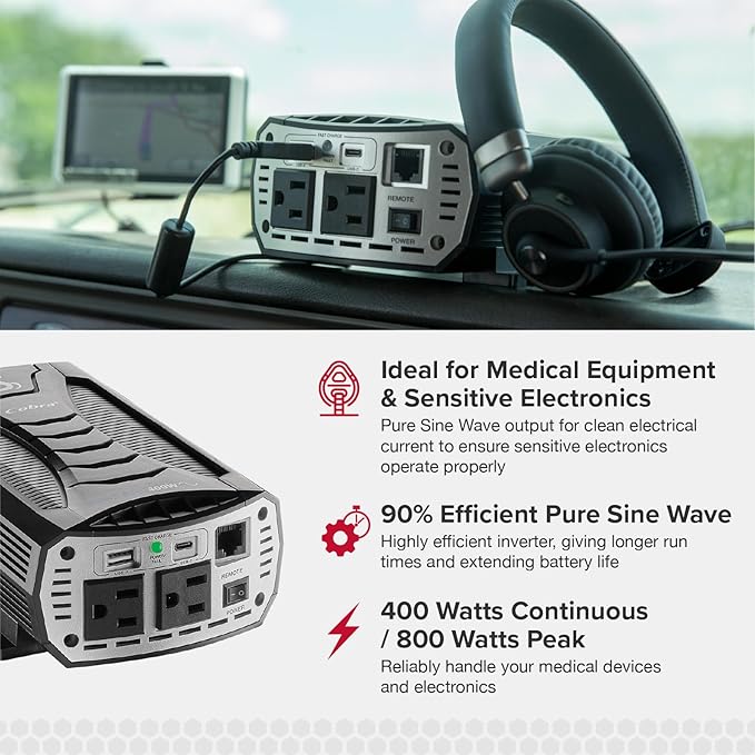 Cobra PURE SINE 400W Power Inverter, Portable – 400 Watt Car Charger, 2 Grounded AC Outlets, 2 Fast Charge USB Ports and Remote Controller (CPIALCDG1) Compatible