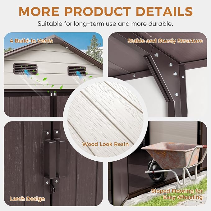 CDCASA 8x8 FT Resin Storage Shed with Floor Included, Large Waterproof Outside Plastic Storage Sheds with Base, 2 Adjustable Openable Windows,for Backyard Patio Lawn, Brown & Light Grey