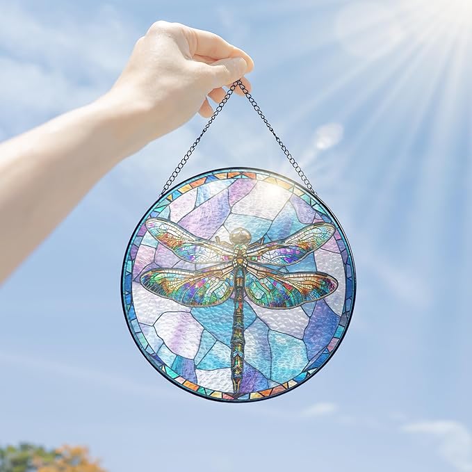 FLAGWIX Christmas Dragonfly Gifts for Women Men - Stained Glass Window Hanging 8 in - Dragonfly Garden Decor for Yard Decorations Outdoor, Sun Catchers Window Ornament for Home Christmas Decorations