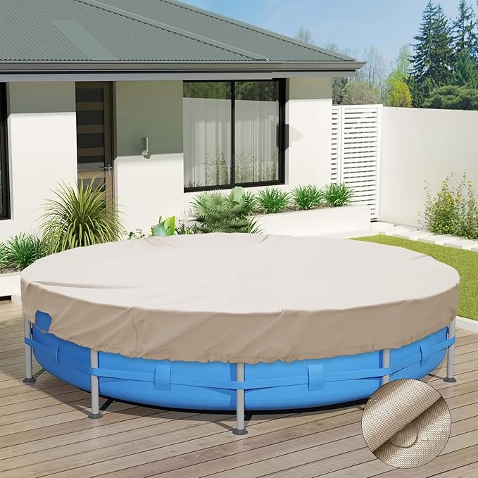 ECOOPTS 13 ft Waterproof Round Polyester Pool Cover for Above Ground Pools, Swimming Pool Cover Protector Winter Safety Cover (Beige)