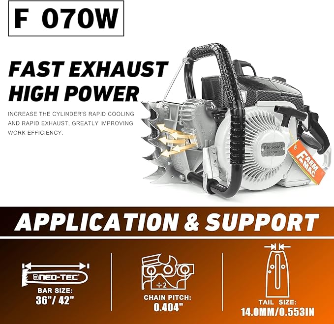 FARMMAC F070W Gas Chainsaw with 36 Inch Alloy Solid Bar, 105cc 2-Cycle Gasoline Power Chain Saws, 4.8KW 6.5HP Power Chain Saw for Milling Work, All Parts Compatible with MS070 090